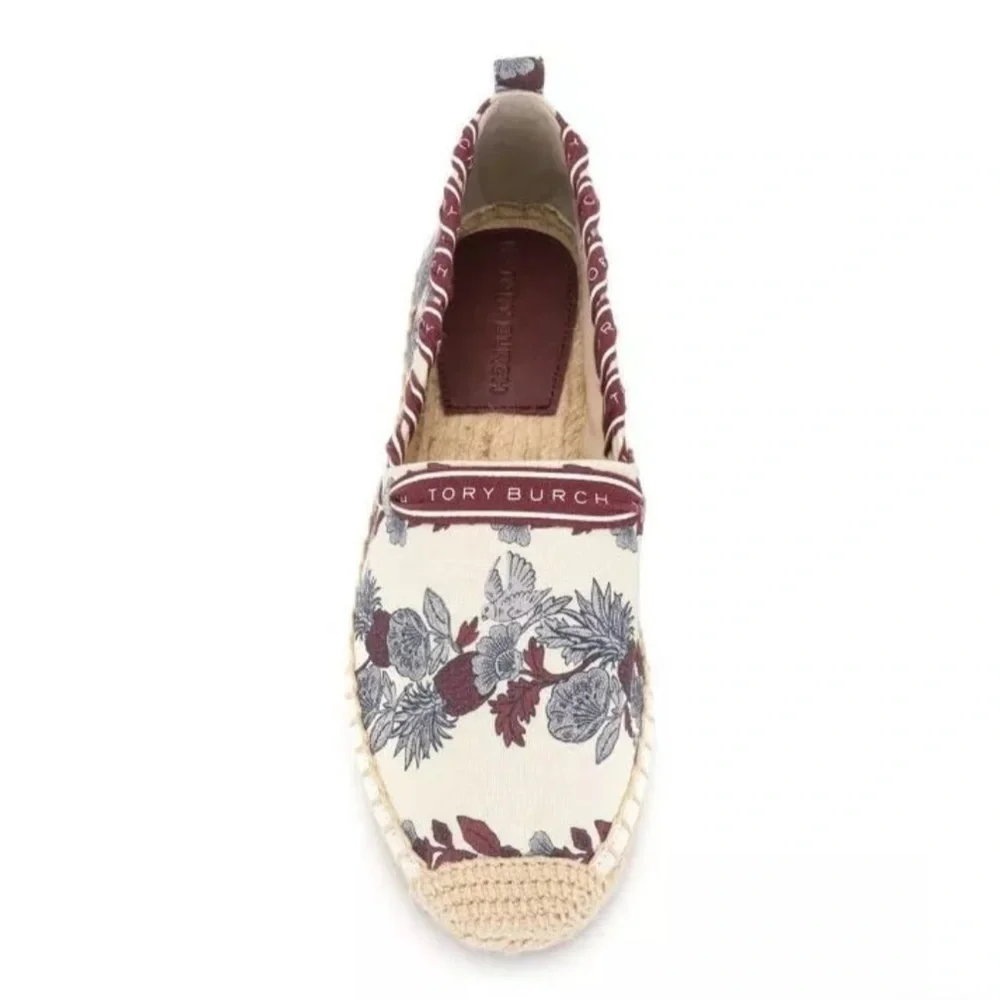 TORY BURCH Grosgrain Whipstitch Floral Imperial Garnet Espadrilles Flat,Sz 7,NIB